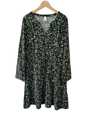 Pact Cafe crepe tiered dress XL green cream woven cotton pockets NWOT